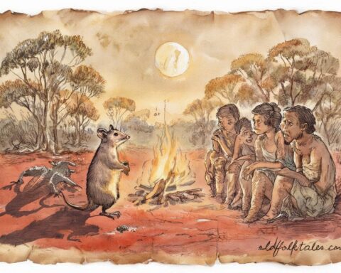 A possum and a lizard delivering different messages to humans under the moon, from the Aboriginal Dreamtime story “The Coming of Death.”