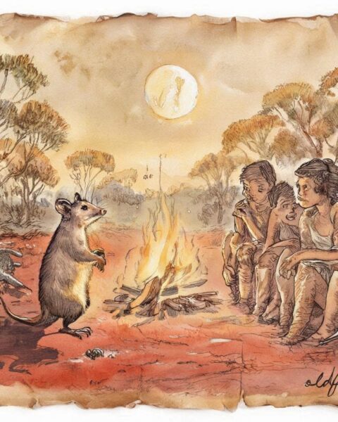 A possum and a lizard delivering different messages to humans under the moon, from the Aboriginal Dreamtime story “The Coming of Death.”