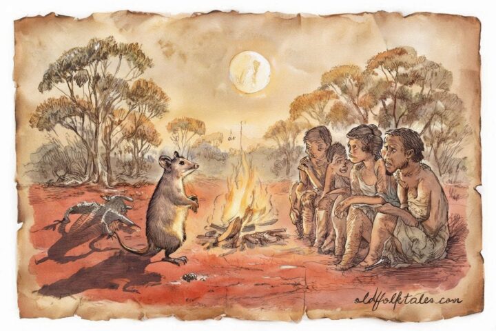 A possum and a lizard delivering different messages to humans under the moon, from the Aboriginal Dreamtime story “The Coming of Death.”