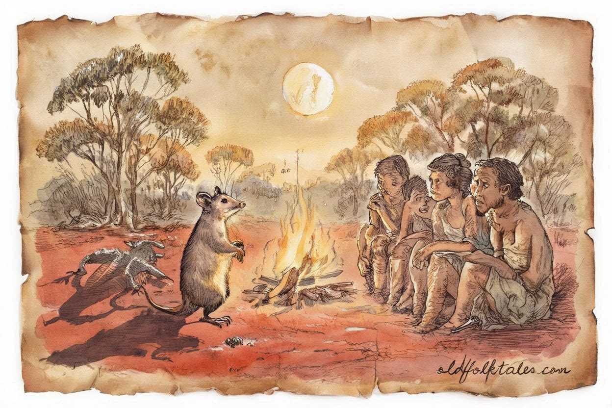 A possum and a lizard delivering different messages to humans under the moon, from the Aboriginal Dreamtime story “The Coming of Death.”