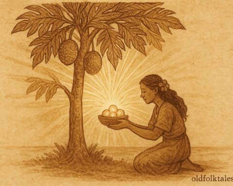 An illustration of a Tahitian woman offering food beneath a glowing breadfruit tree — Polynesian folktale scene.