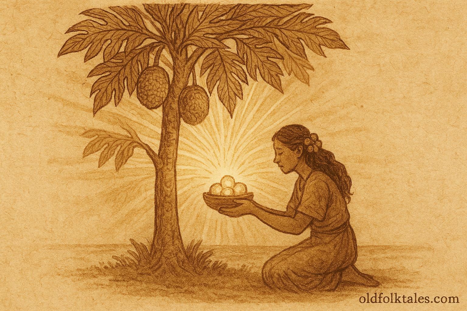 An illustration of a Tahitian woman offering food beneath a glowing breadfruit tree — Polynesian folktale scene.