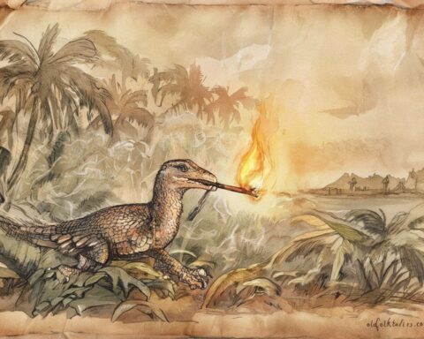 Chamorro legend showing a small creature stealing fire from spirits and bringing it to humankind on Guam.