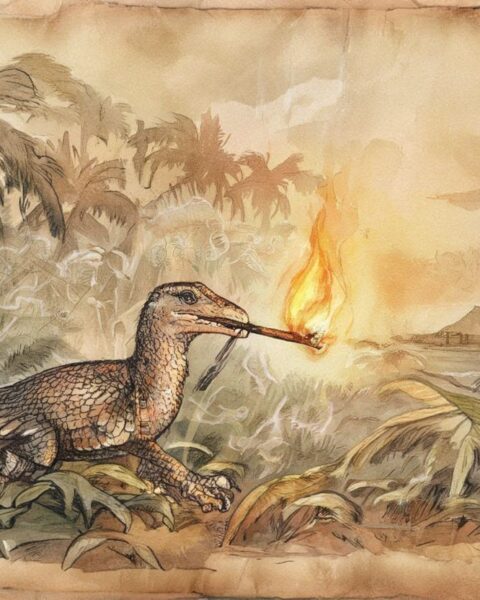 Chamorro legend showing a small creature stealing fire from spirits and bringing it to humankind on Guam.