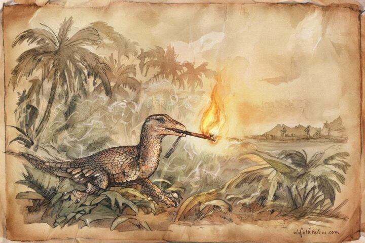Chamorro legend showing a small creature stealing fire from spirits and bringing it to humankind on Guam.