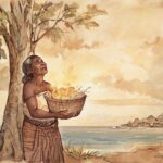 A woman holding a glowing basket near a breadfruit tree under a golden sky Marshall Islands folktale scene