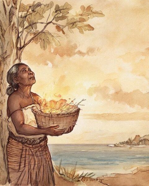 A woman holding a glowing basket near a breadfruit tree under a golden sky Marshall Islands folktale scene