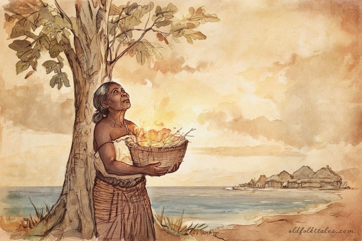 A woman holding a glowing basket near a breadfruit tree under a golden sky Marshall Islands folktale scene