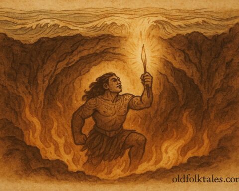 An illustration of Maui carrying fire from the underworld, Polynesian folktale from Tonga.