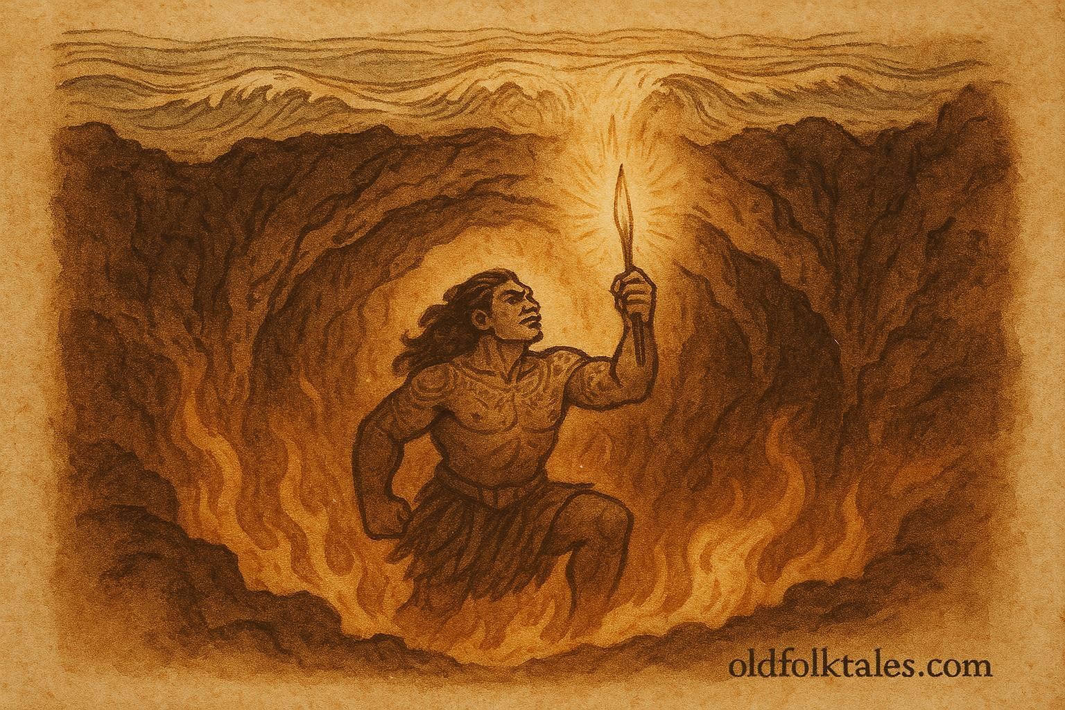 An illustration of Maui carrying fire from the underworld, Polynesian folktale from Tonga.