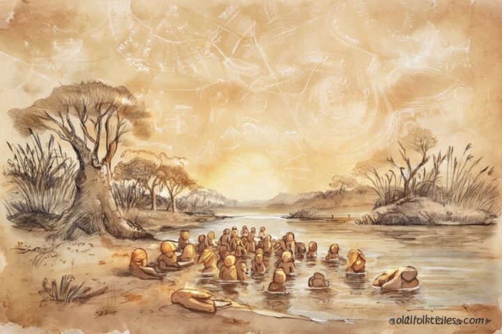 A glowing riverbank symbolizing the creation of the first humans in Aboriginal Dreamtime tradition.