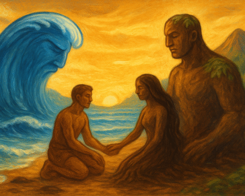 The Sea and the Land shaping the first humans, Tuhaka and Lila, on a Vanuatu shore—waves and earth meeting in harmony as clay and foam form living figures beneath a golden sunrise.