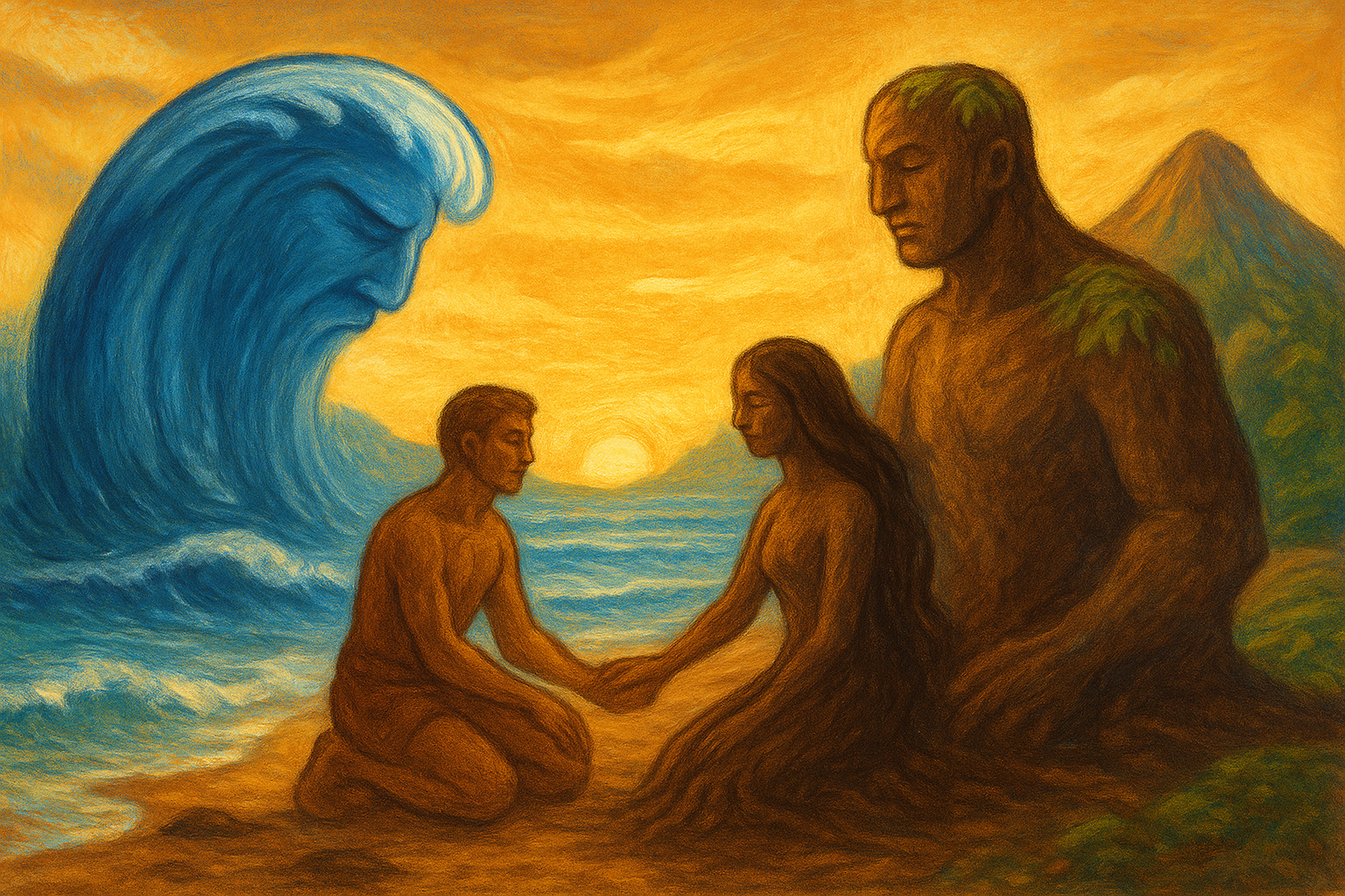 The Sea and the Land shaping the first humans, Tuhaka and Lila, on a Vanuatu shore—waves and earth meeting in harmony as clay and foam form living figures beneath a golden sunrise.