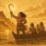 An illustration of Māui lifting the Hawaiian Islands with his glowing fishhook, Hawaiian folktale scene.