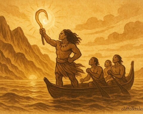 An illustration of Māui lifting the Hawaiian Islands with his glowing fishhook, Hawaiian folktale scene.