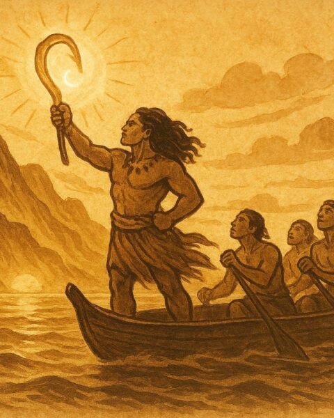 An illustration of Māui lifting the Hawaiian Islands with his glowing fishhook, Hawaiian folktale scene.
