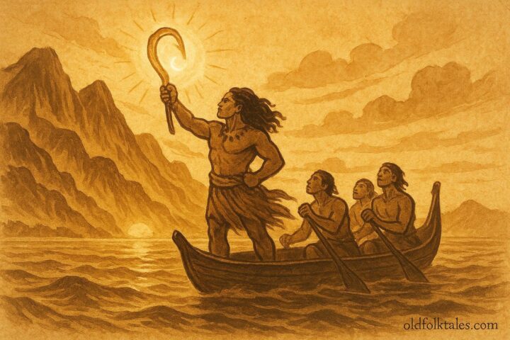 An illustration of Māui lifting the Hawaiian Islands with his glowing fishhook, Hawaiian folktale scene.