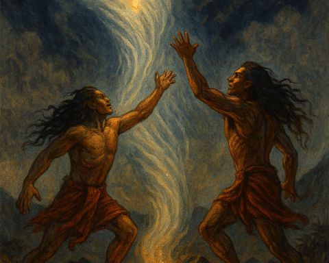 Two Melanesian brothers stand atop a mountain, summoning a powerful whirlwind that spirals upward into the sky. The vortex reaches the Sun, which trembles as a glowing spark of fire breaks free from a sacred stone.