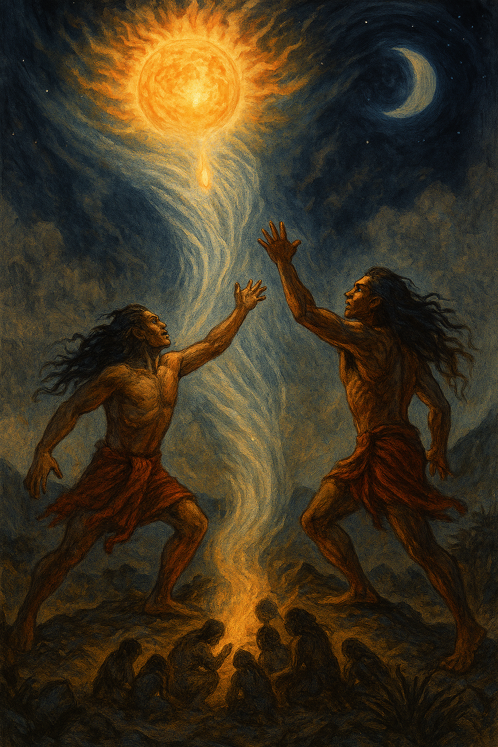 Two Melanesian brothers stand atop a mountain, summoning a powerful whirlwind that spirals upward into the sky. The vortex reaches the Sun, which trembles as a glowing spark of fire breaks free from a sacred stone.