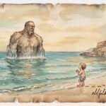A sea giant and child calming the waves Marshall Islands folktale scene