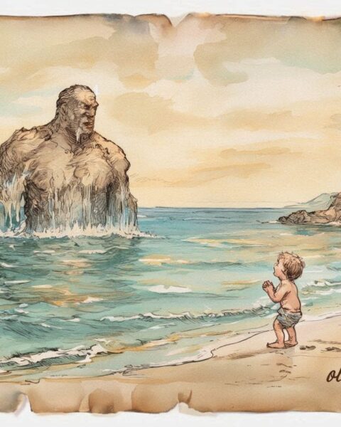 A sea giant and child calming the waves Marshall Islands folktale scene