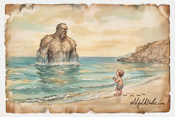 A sea giant and child calming the waves Marshall Islands folktale scene