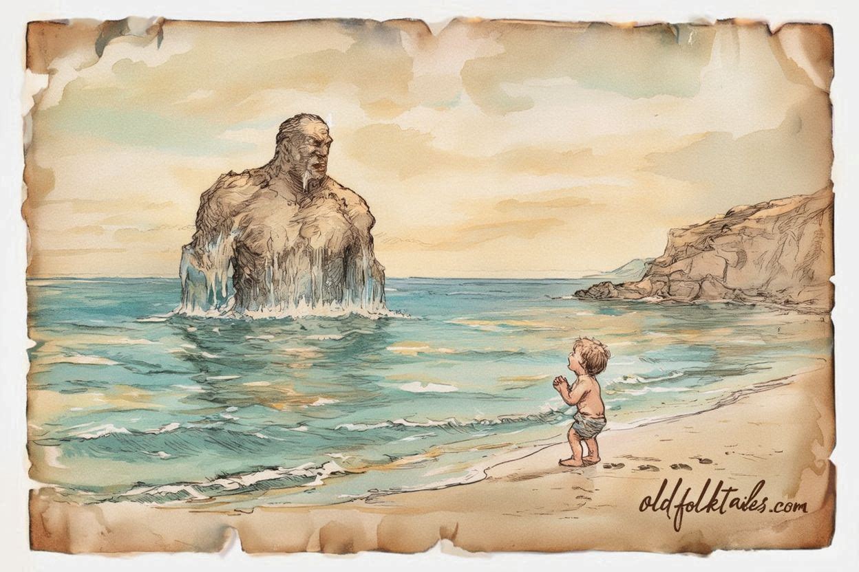 A sea giant and child calming the waves Marshall Islands folktale scene