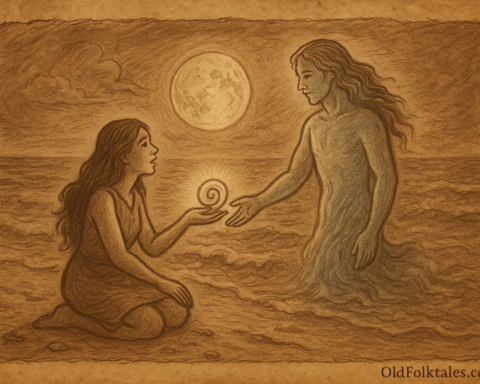 Sepia-toned parchment illustration of a Trobriand Islands maiden standing on a moonlit beach, holding a glowing shell as a radiant moon spirit rises from the sea to meet her.