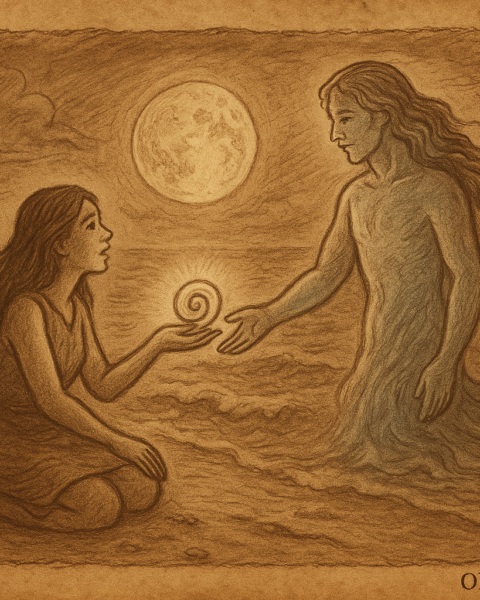 Sepia-toned parchment illustration of a Trobriand Islands maiden standing on a moonlit beach, holding a glowing shell as a radiant moon spirit rises from the sea to meet her.