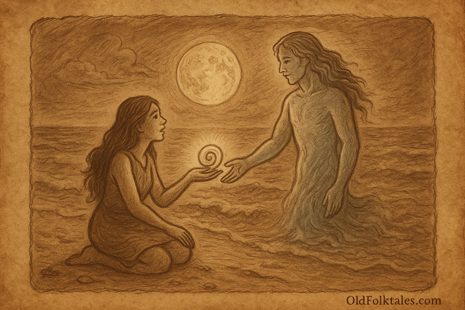 Sepia-toned parchment illustration of a Trobriand Islands maiden standing on a moonlit beach, holding a glowing shell as a radiant moon spirit rises from the sea to meet her.