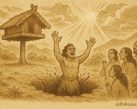 An illustration of Chief Te Rauparaha rising from a pit, Māori folktale scene from New Zealand.