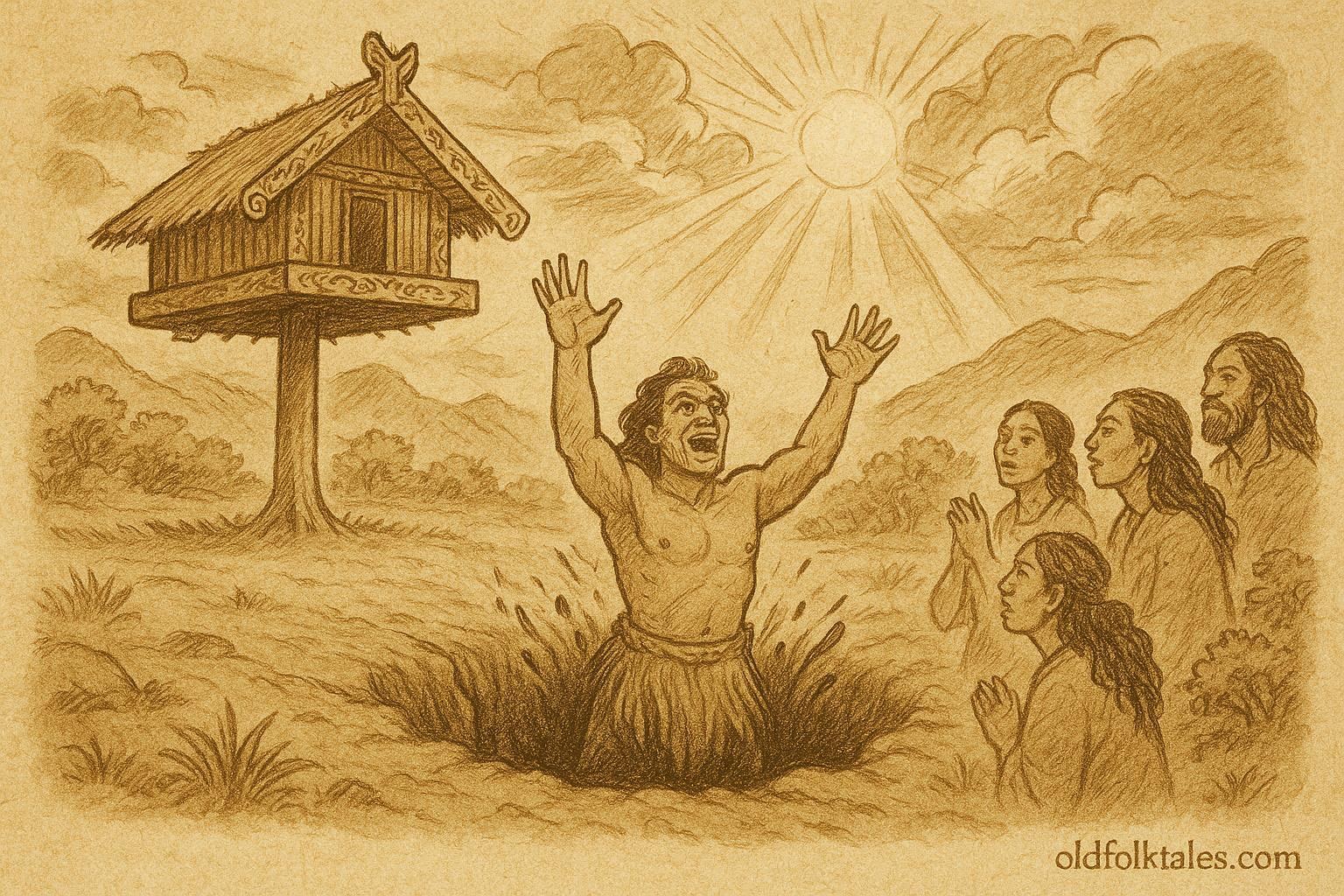 An illustration of Chief Te Rauparaha rising from a pit, Māori folktale scene from New Zealand.