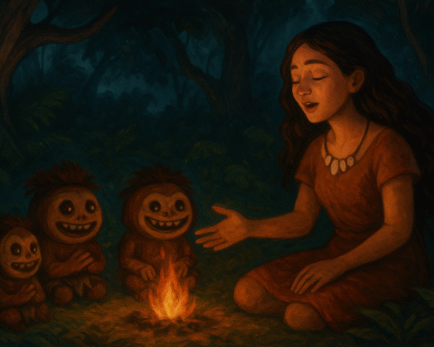 A vivid forest night scene showing Lasi, a young woman, singing softly to three small Kakamora spirits gathered around a glowing ember. Warm firelight glows against the cool shadows of the forest as one spirit returns the ember to her, symbolizing harmony between humans and the forest spirits.
