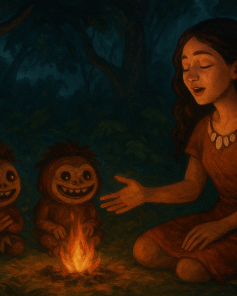 A vivid forest night scene showing Lasi, a young woman, singing softly to three small Kakamora spirits gathered around a glowing ember. Warm firelight glows against the cool shadows of the forest as one spirit returns the ember to her, symbolizing harmony between humans and the forest spirits.