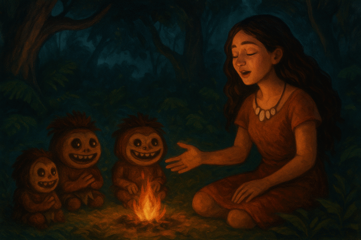 A vivid forest night scene showing Lasi, a young woman, singing softly to three small Kakamora spirits gathered around a glowing ember. Warm firelight glows against the cool shadows of the forest as one spirit returns the ember to her, symbolizing harmony between humans and the forest spirits.