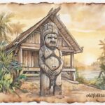 Dilukai standing near a Palauan meeting house, symbol of protection and fertility.