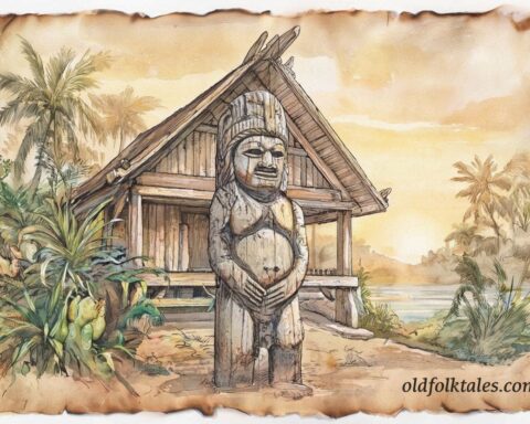 Dilukai standing near a Palauan meeting house, symbol of protection and fertility.