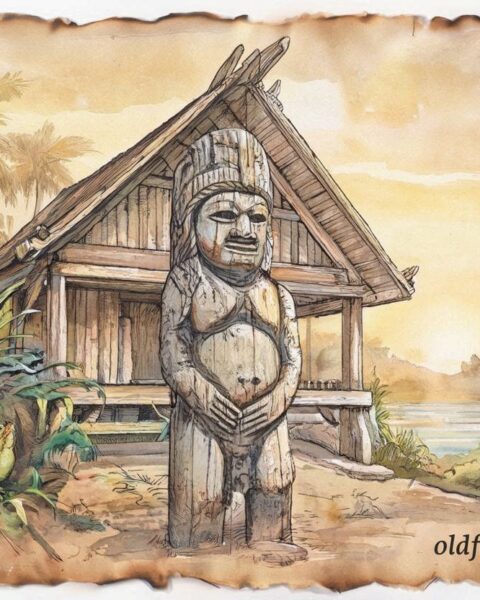 Dilukai standing near a Palauan meeting house, symbol of protection and fertility.