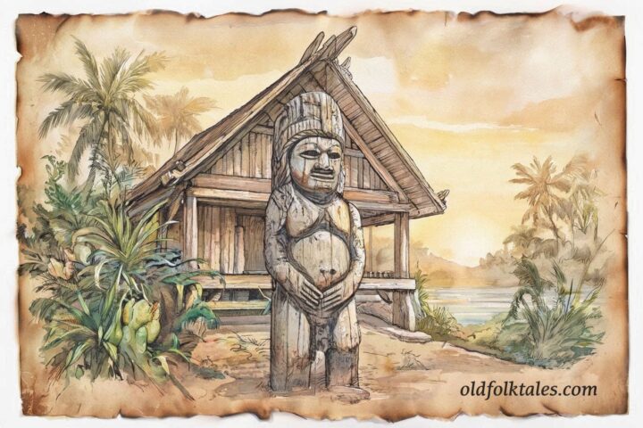 Dilukai standing near a Palauan meeting house, symbol of protection and fertility.
