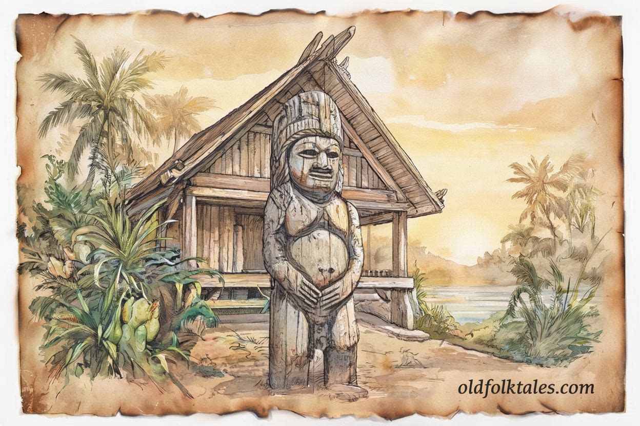Dilukai standing near a Palauan meeting house, symbol of protection and fertility.