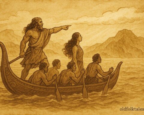 An illustration of Kupe guiding his canoe toward Aotearoa under a long white cloud, Māori folktale.