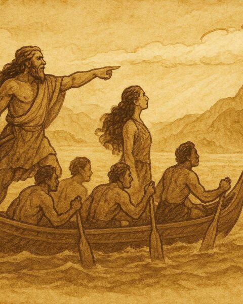 An illustration of Kupe guiding his canoe toward Aotearoa under a long white cloud, Māori folktale.
