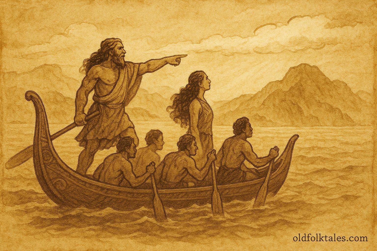 An illustration of Kupe guiding his canoe toward Aotearoa under a long white cloud, Māori folktale.