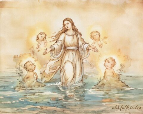 The goddess Milad creating the islands of Palau with her four children.