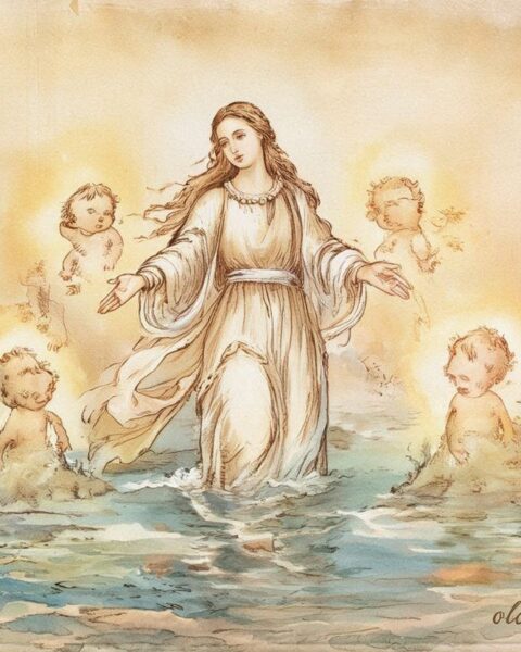 The goddess Milad creating the islands of Palau with her four children.