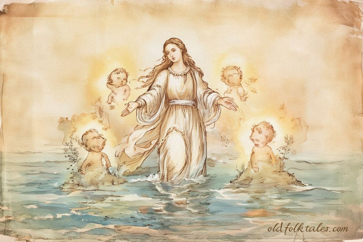 The goddess Milad creating the islands of Palau with her four children.