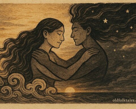 An illustration f Pāpā and Rumia embracing at dawn, Tahitian creation folktale of night and day.