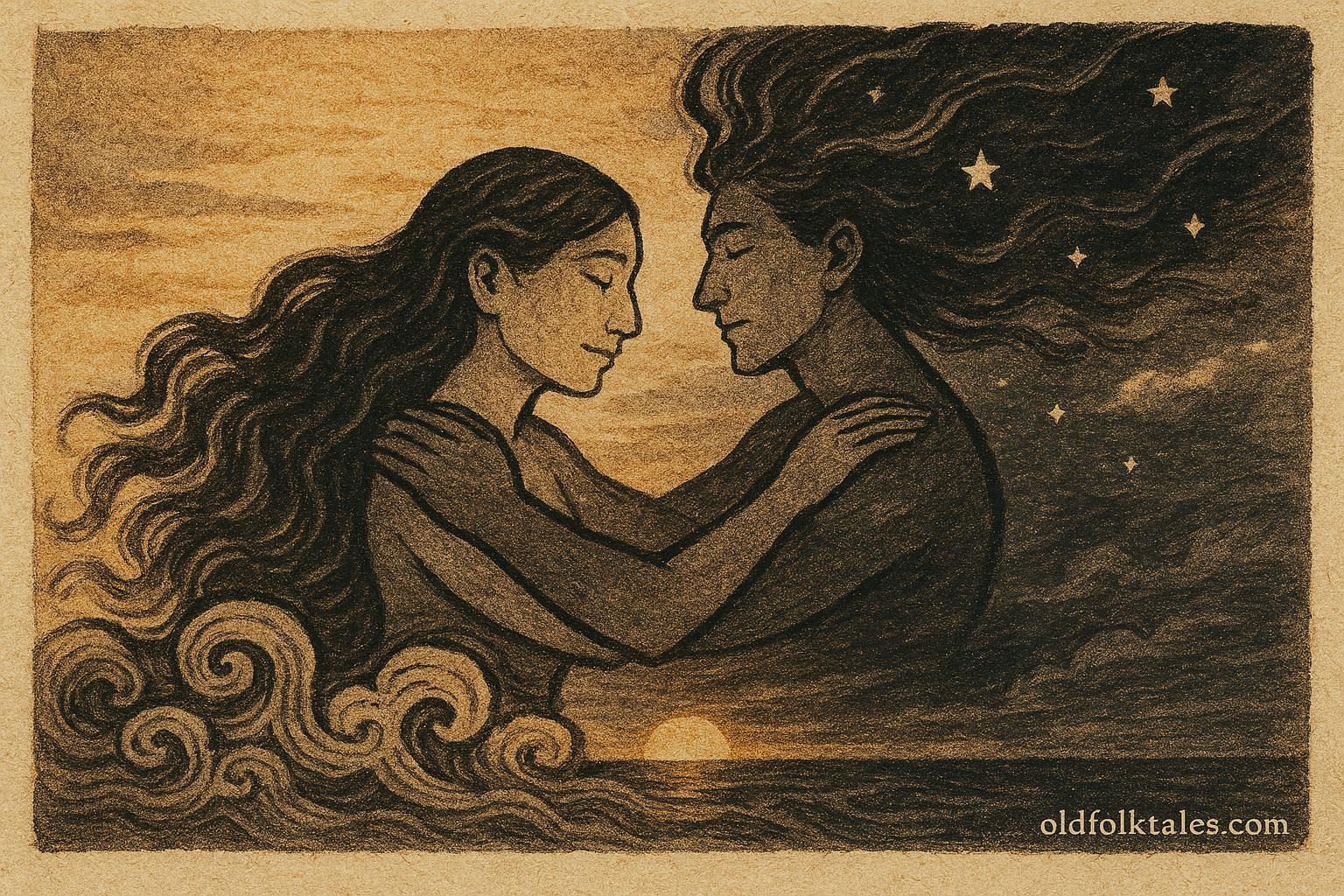 An illustration f Pāpā and Rumia embracing at dawn, Tahitian creation folktale of night and day.