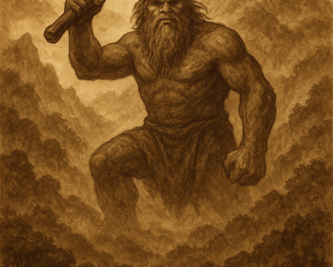 A sepia-toned parchment illustration of the Fijian giant Rokomoutu standing atop misty mountains, raising his massive club as villagers flee below, symbolizing nature’s wrath and sacred balance.