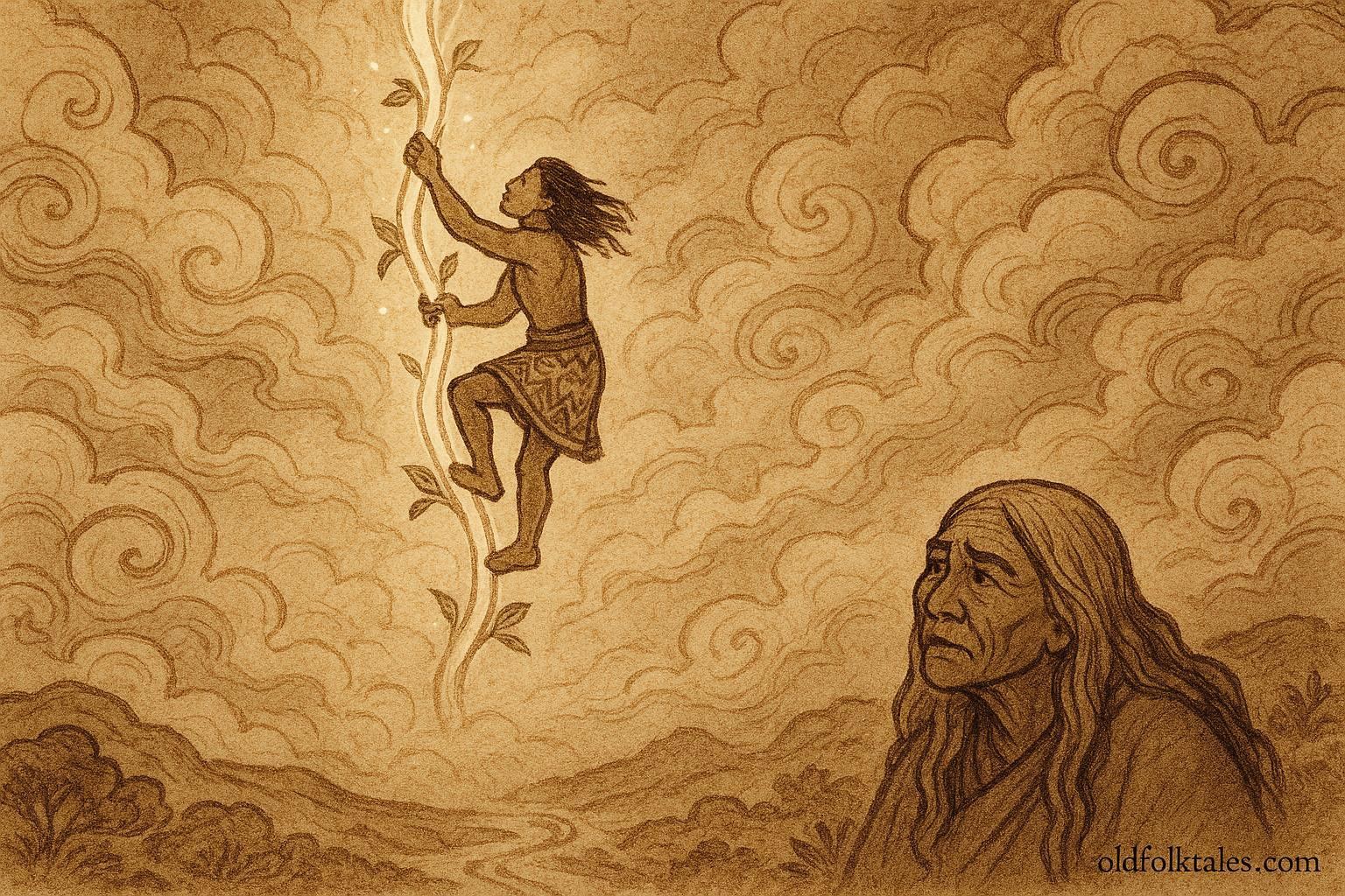 An illustration of Tāwhaki climbing the vine to heaven, Māori folktale from New Zealand.